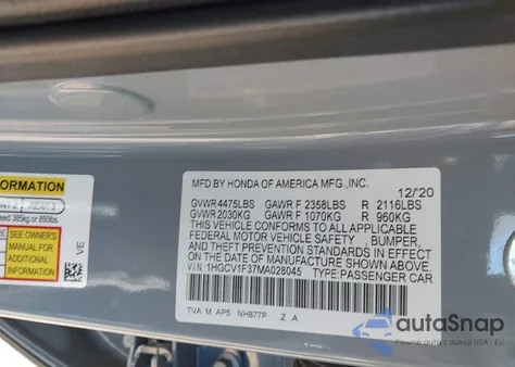 2021 Honda Accord Sport z USA, uszkodzony, nr VIN 1HGCV1F37MA028045